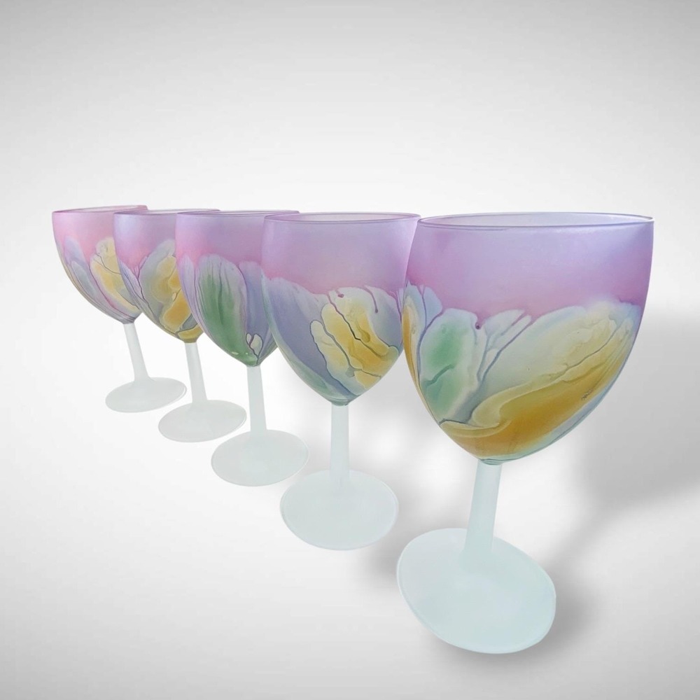 Rueven Nouveau Art Glass Frosted Water Wine Goblets Stemmed‎ Pastels Set 5 1980s